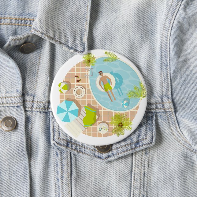 Swimming pool guy on tropical summer beach vacay 10 cm round badge (In Situ)