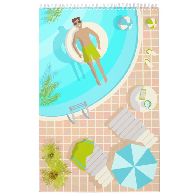 Swimming pool guy on tropical summer beach vacay calendar (Cover)