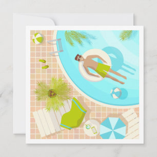Swimming pool guy on tropical summer beach vacay holiday card