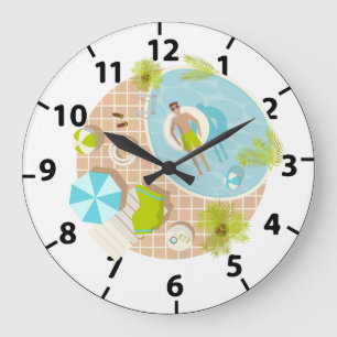 Swimming pool guy on tropical summer beach vacay large clock