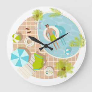 Swimming pool guy on tropical summer beach vacay large clock