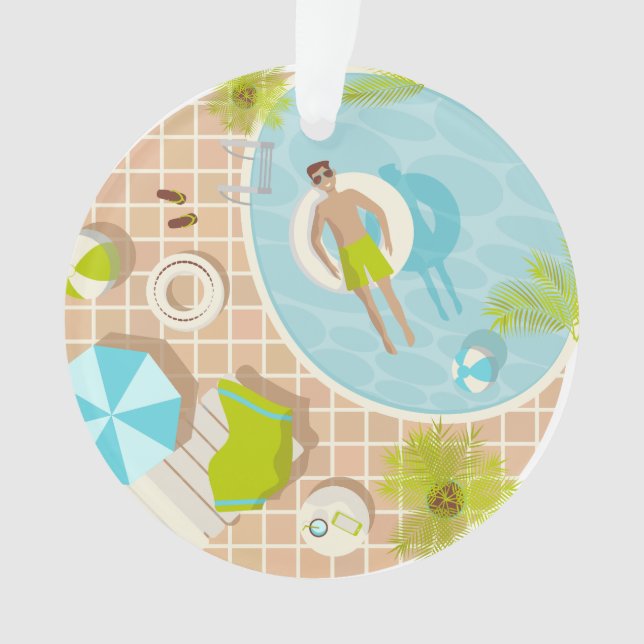 Swimming pool guy on tropical summer beach vacay ornament (Front)