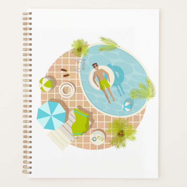 Swimming pool guy on tropical summer beach vacay planner (Front)