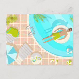 Swimming pool guy on tropical summer beach vacay postcard