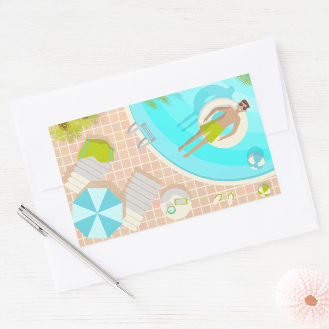 Swimming pool guy on tropical summer beach vacay rectangular sticker (Envelope)