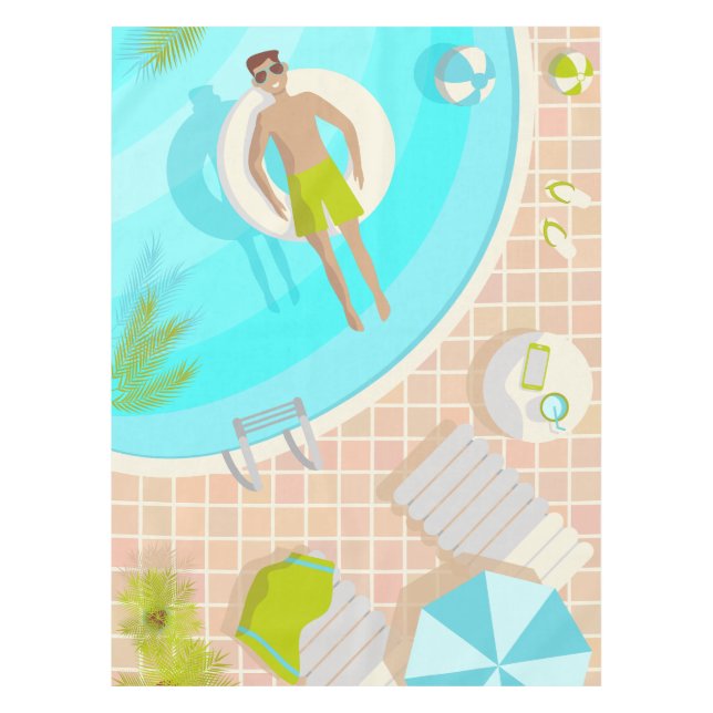 Swimming pool guy on tropical summer beach vacay tablecloth (Front)