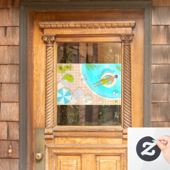 Swimming pool guy on tropical summer beach vacay window cling (Home Door)