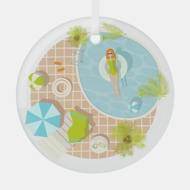 Swimming pool party girl in bikini summer beach  glass tree decoration (Front)