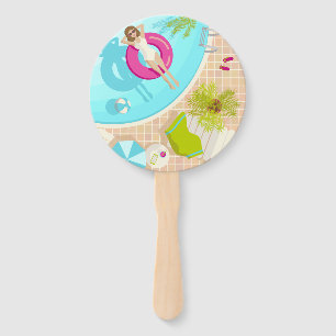 Swimming pool party girl in bikini summer beach hand fan