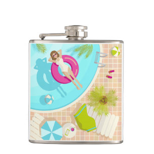 Swimming pool party girl in bikini summer beach  hip flask