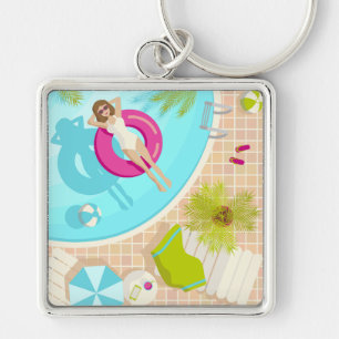 Swimming pool party girl in bikini summer beach key ring