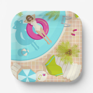 Swimming pool party girl in bikini summer beach paper plate