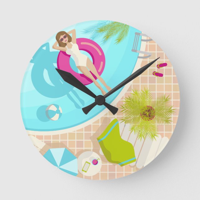 Swimming pool party girl in bikini summer beach  round clock (Front)
