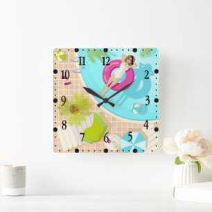 Swimming pool party girl in bikini summer beach  square wall clock
