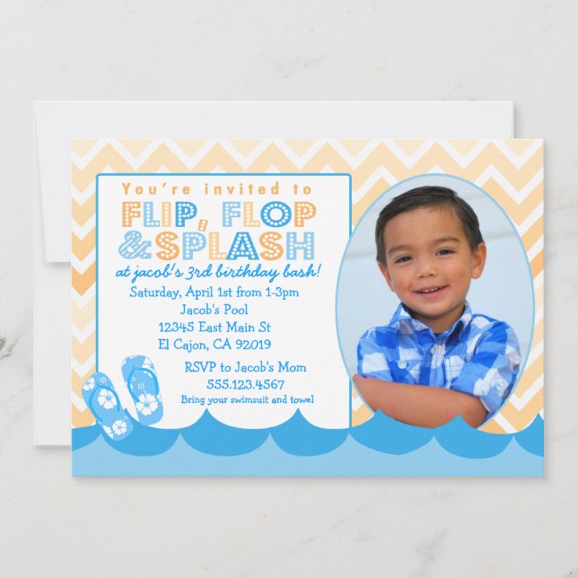 Swimming Pool Party Invitation for Boys Flip Flop (Front)