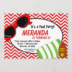 Swimming Pool Party - Red Chevron Birthday Invite