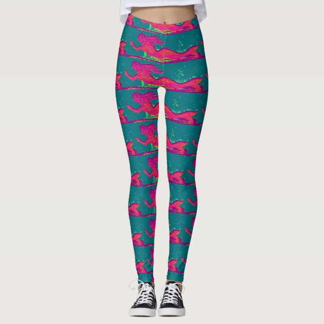 swimming red mermaids pattern green leggings (Front)