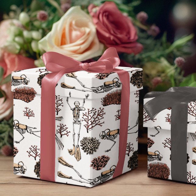 Swimming Scuba Diver Skeletons and Coral Wrapping Paper (Hand-Drawn in Black Ink, Skeleton Scuba Divers Swim among Red Corals on an Elegant White Background.)