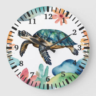 Swimming Sea Turtle Abstract Watercolor  Large Clock