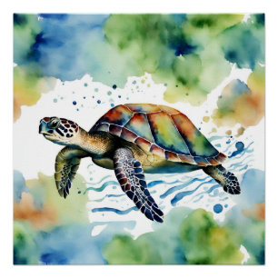 Swimming Sea Turtle Abstract Watercolor Poster