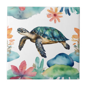 Swimming Sea Turtle Abstract Watercolor  Tile