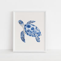Swimming Sea Turtle – Coastal Blue on Beige