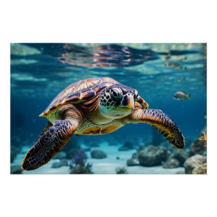 Swimming Sea Turtle in the Ocean Poster