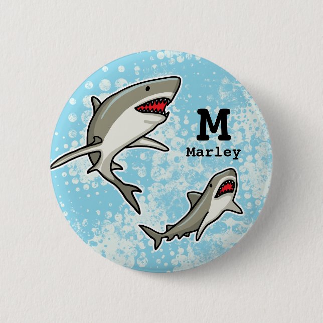 Swimming Sharks, Add Child's Name and Monogram 6 Cm Round Badge (Front)