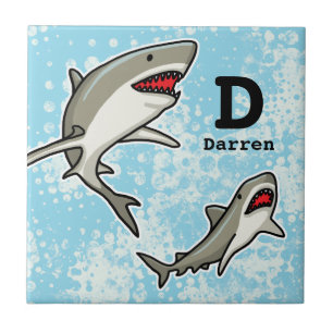 Swimming Sharks, Add Child's Name and Monogram Tile