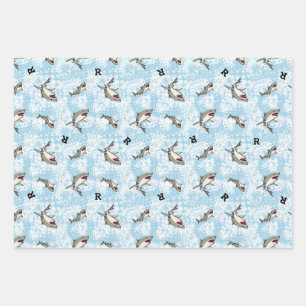 Swimming Sharks, Add Monogram Wrapping Paper Sheet