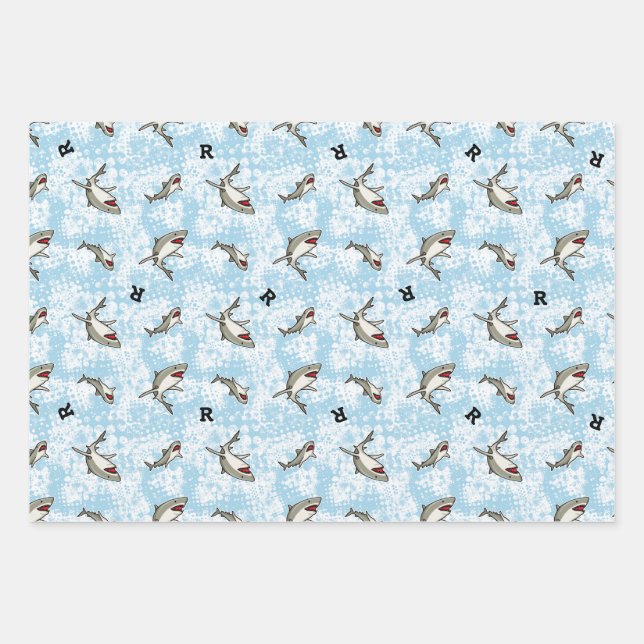 Swimming Sharks, Add Monogram Wrapping Paper Sheet (Front)
