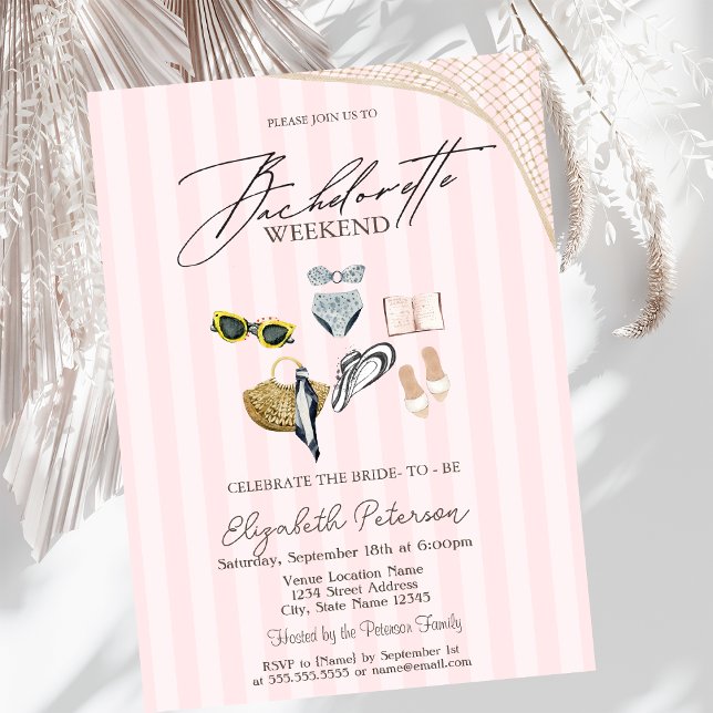 Swimming Suits Beach Pink Stripes Bachelorette Invitation (Creator Uploaded)