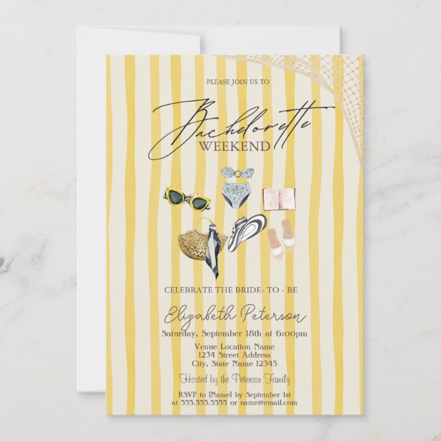 Swimming Suits Beach Yellow Stripes Bachelorette  Invitation (Front)