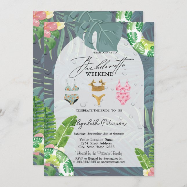 Swimming Suits Palm Leaves Pool Bachelorette Party Invitation (Front/Back)