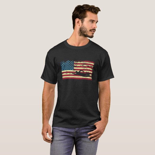 Swimming Swim USA American Flag Swimmer T-Shirt (Front Full)
