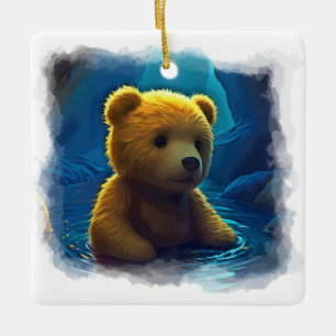 Swimming Teddy Bear Cartoon Design for Kids Ceramic Ornament