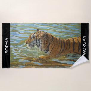 Swimming Tiger Art, Personalise Names, Black Beach Towel