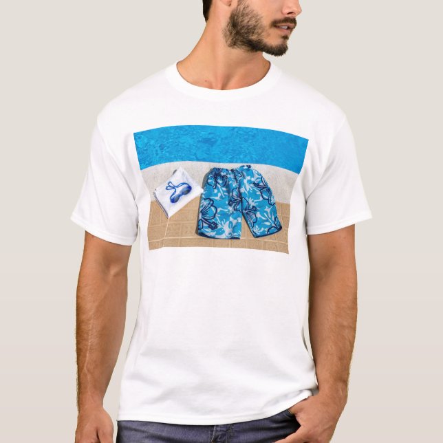 Swimming trunks goggles and towel at pool T-Shirt (Front)