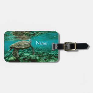 Swimming Turtle on Luggage Tag with Leather Strap