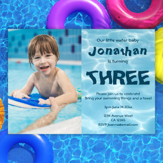Swimming water baby photo 3rd birthday party invitation