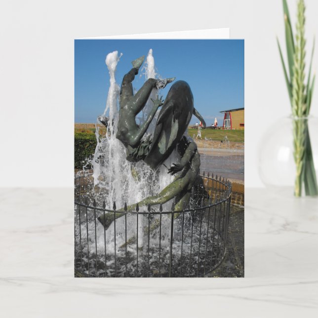 Swimming with dolphins fountain holiday card (Front)