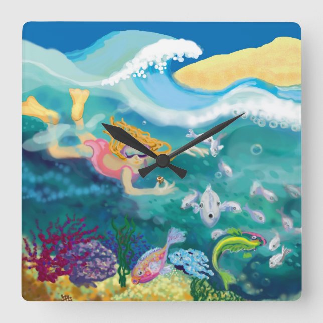 Swimming with the fish square wall clock (Front)