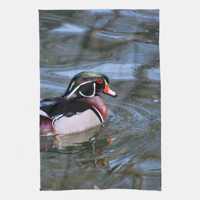 Swimming Wood Duck Tea Towel (Vertical)