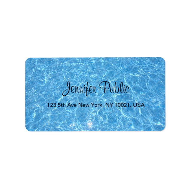 Swimmingpool Blue Aqua Handwritten Script Water Label (Front)