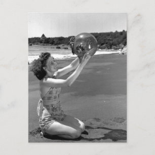 Swimsuit Girl on Beach - Vintage Postcard