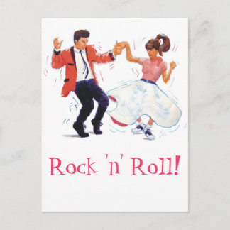 swing dancer with poodle skirt and saddle shoes postcard