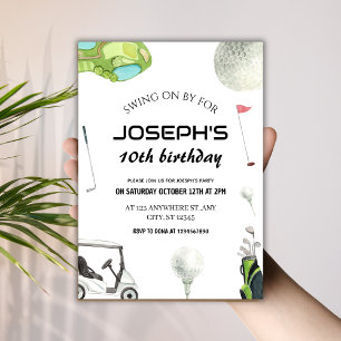 Swing On By Watercolor Golf 10th Birthday Party Invitation