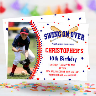Swing On Over Boys Baseball Birthday Party Photo Invitation