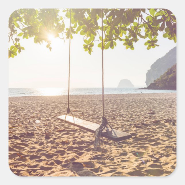 Swing on the Beach at Sunset Square Sticker (Front)