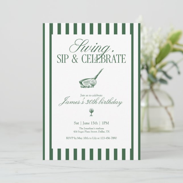 Swing Sip Celebrate Golf Birthday Green Stripe Invitation (Standing Front)